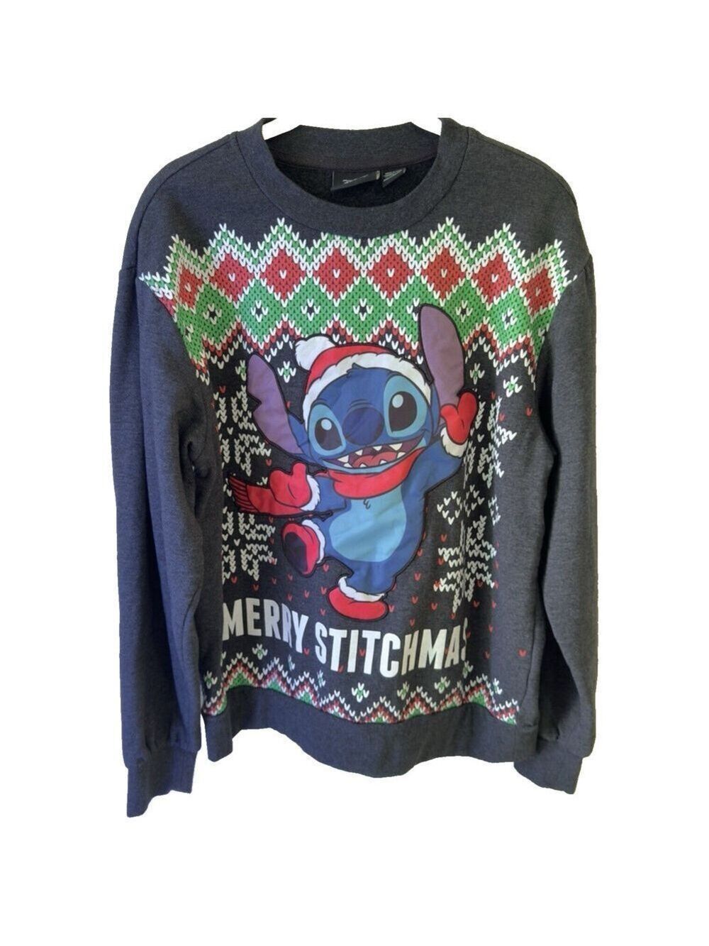 Disney Gray Merry Stitchmas Ugly Christmas Sweater W's M-L Satin Patch Pullover